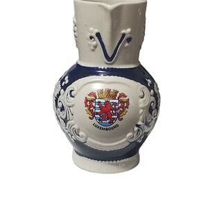 VTG German Marzi Remy Stoneware Blue Glaze Wine .5 Ltr Pitcher Luxembourg Crest